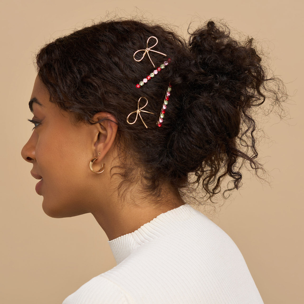 Alternative view of Red, Pink, & Green Gemstone and Bow Bobby Pins