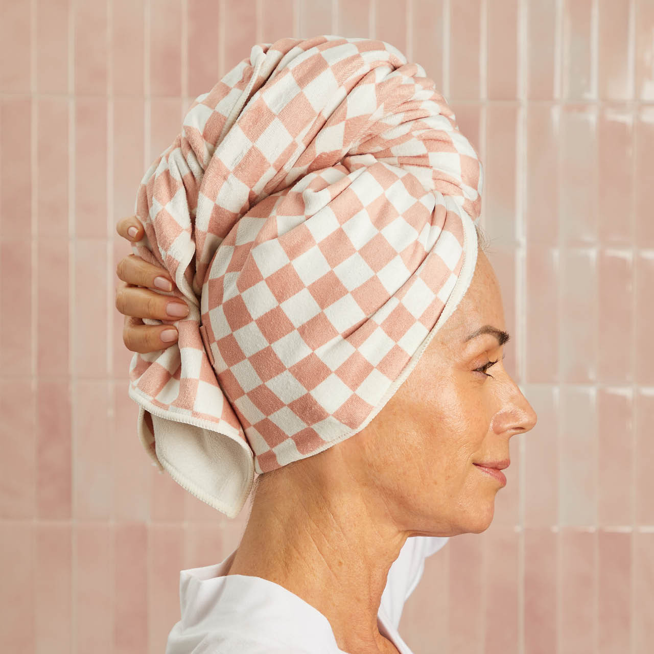 Terracotta Checker XL Hair Towel Wrap - Image 5